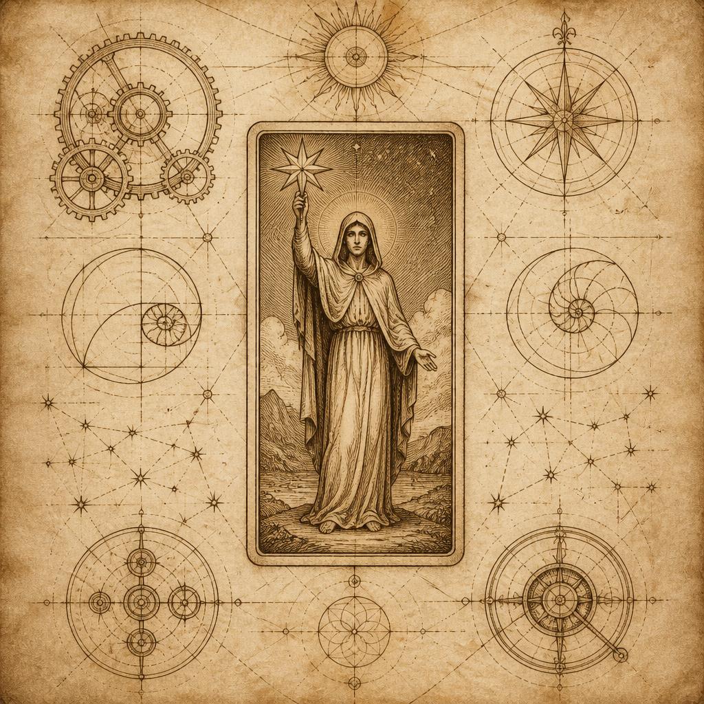 Sepia diagram of a tarot card surrounded by constellations and geometric schematics, in the style of a Renaissance manuscript.
