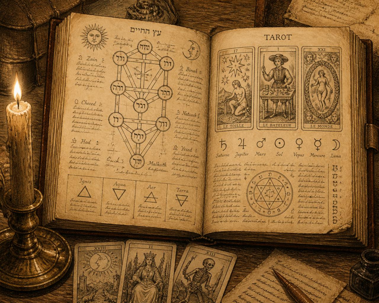 Sepia ink sketch of an open leather-bound tome filled with tarot diagrams, the Tree of Life, planetary symbols, and elemental glyphs.