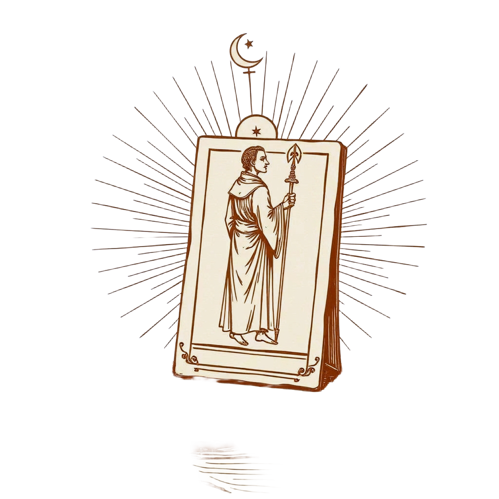 Sepia ink sketch of an upright tarot card with a robed figure, haloed by radiant rays.