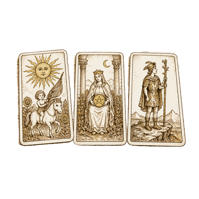 Sepia ink sketch of three tarot cards laid out in a row.