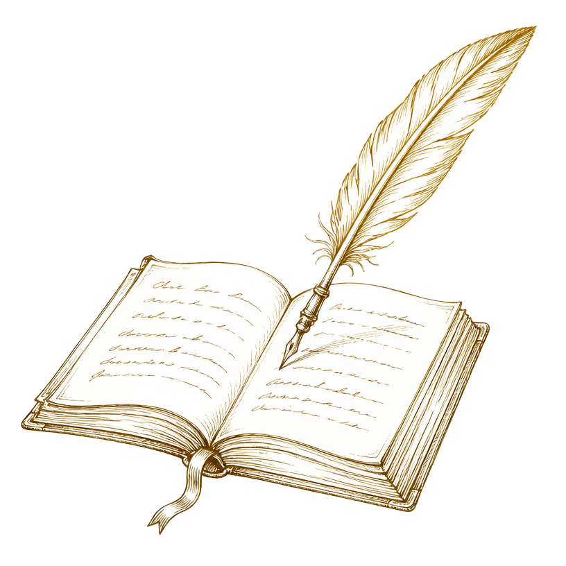 Sepia ink sketch of a quill pen poised above an open journal.